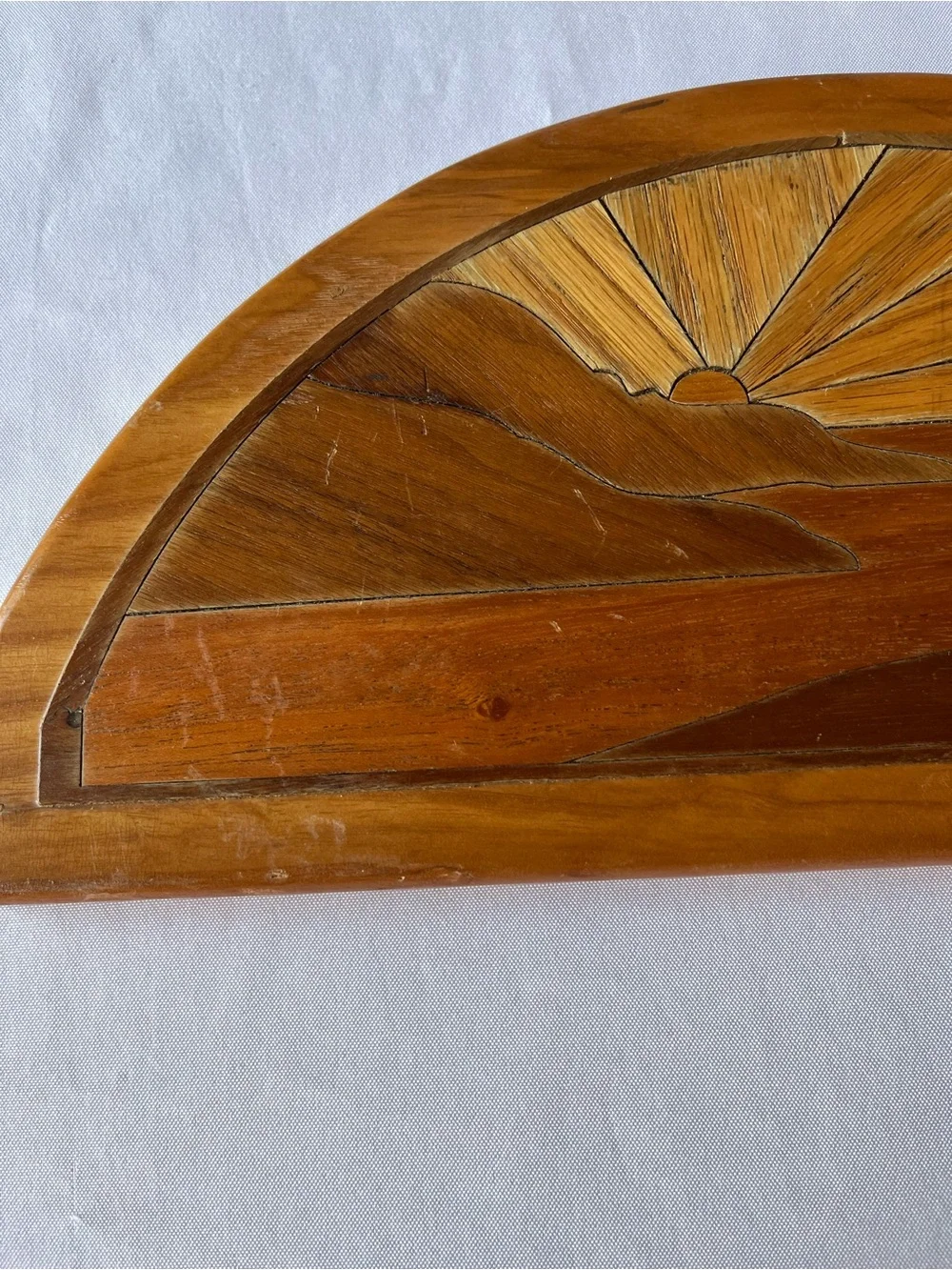 Vintage Wooden Marquetry Wall Plaque Half Moon Door Topper Mountaineer Sunset